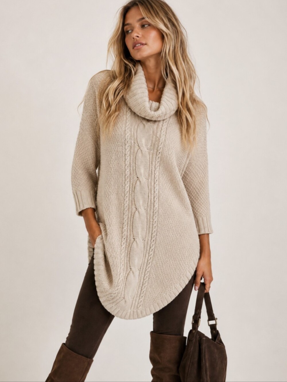 Express Cable Cableknit Curved Hem Tunic Sweater Beige Tan Size Medium NEW